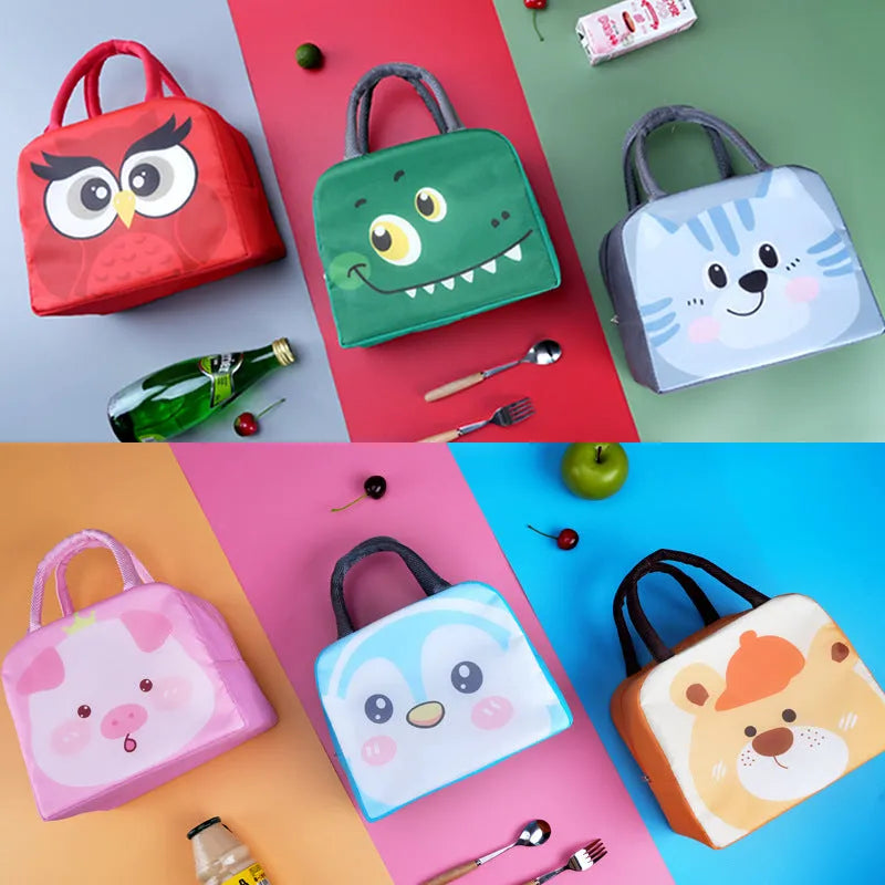 Cartoon insulated lunch box bag with animal designs and aluminium foil lining for heat preservation