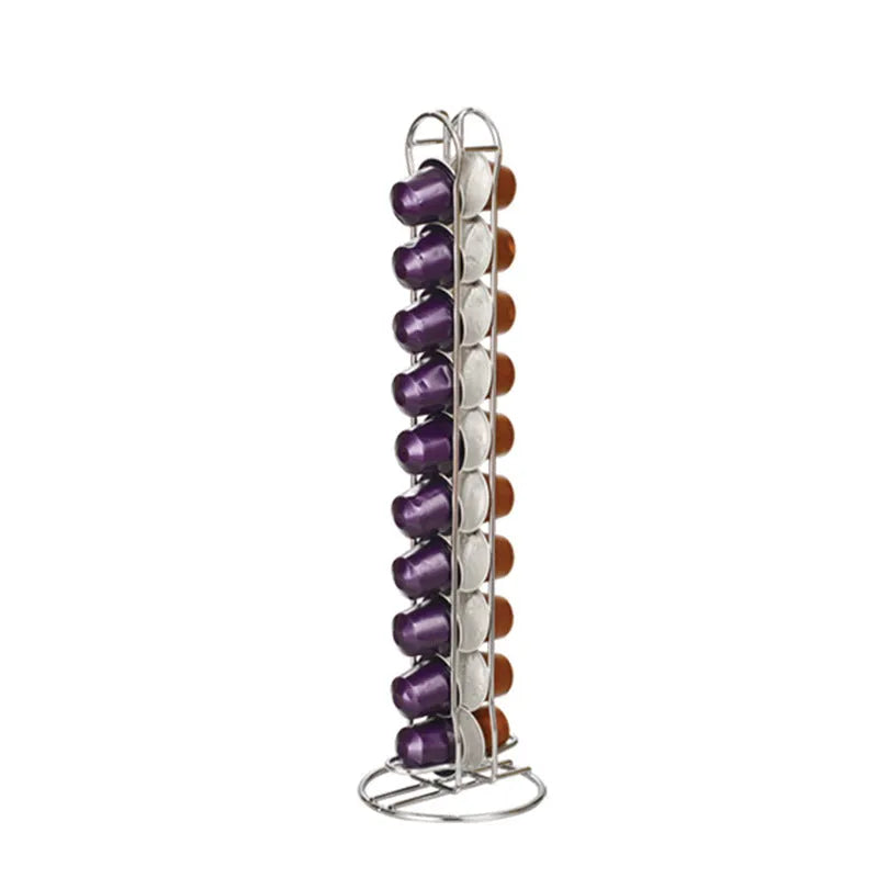 Black wrought iron coffee capsule rack holding 20 pods on display shelves.