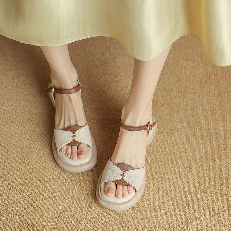 Women's chunky heel platform sandals in renewable leather with open toe design