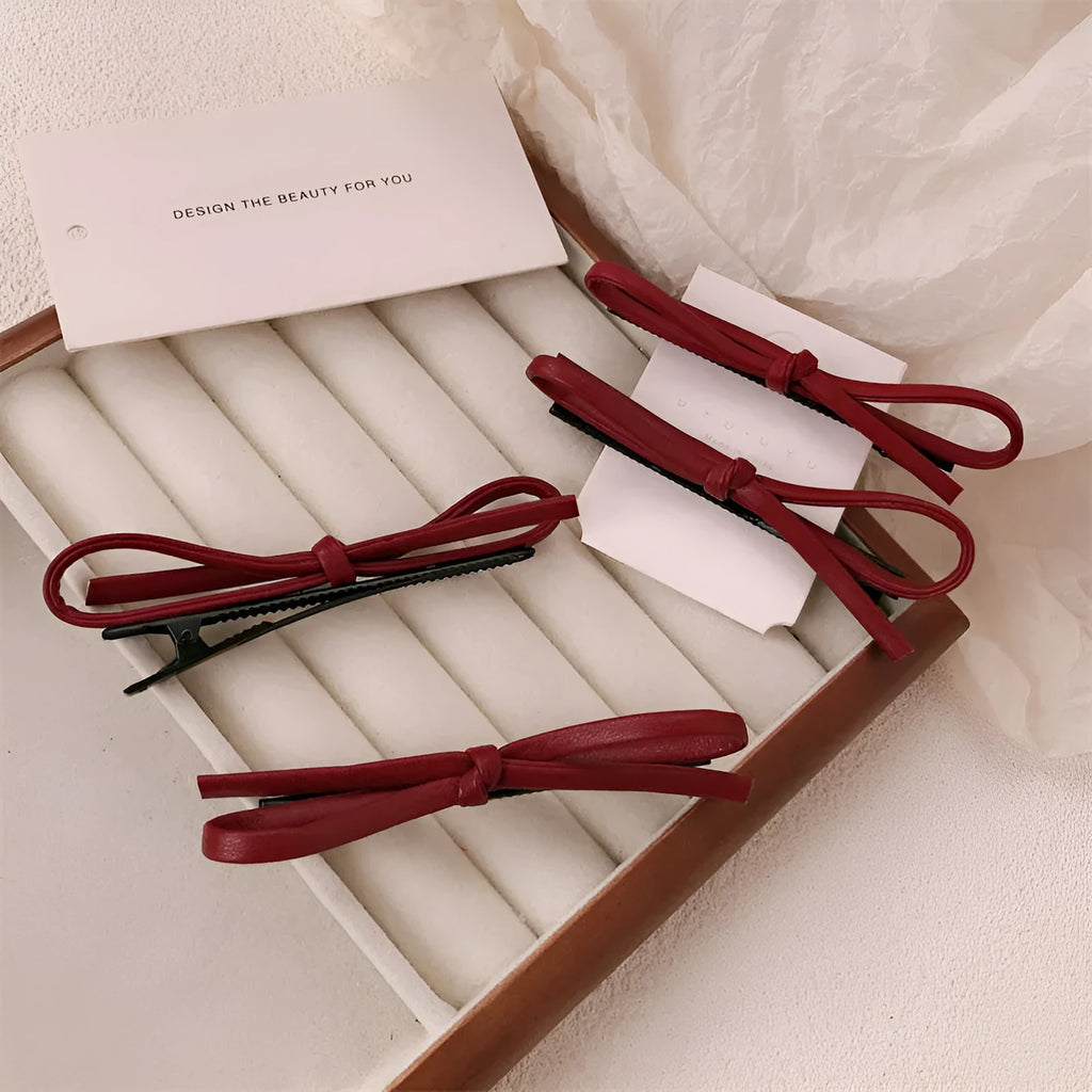 Wine red leather bow barrette hair clip for women available in single or pair pack