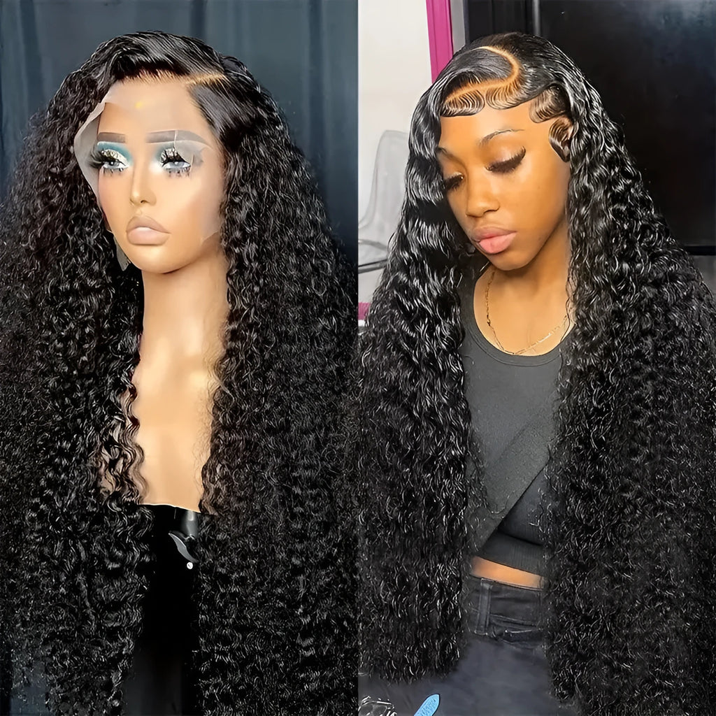 Women's long curly afro lace wig with side bangs in synthetic high-temperature fibre.