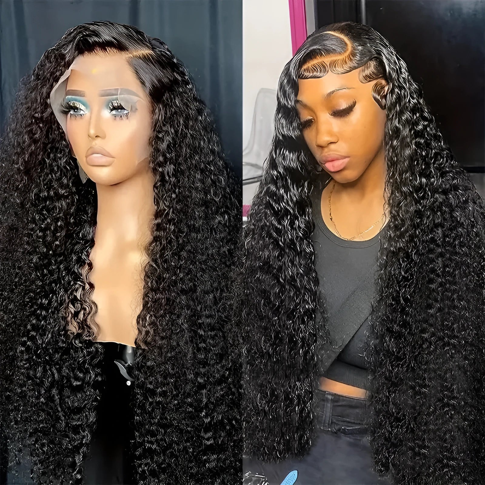Women's long curly afro lace wig with side bangs in synthetic high-temperature fibre.