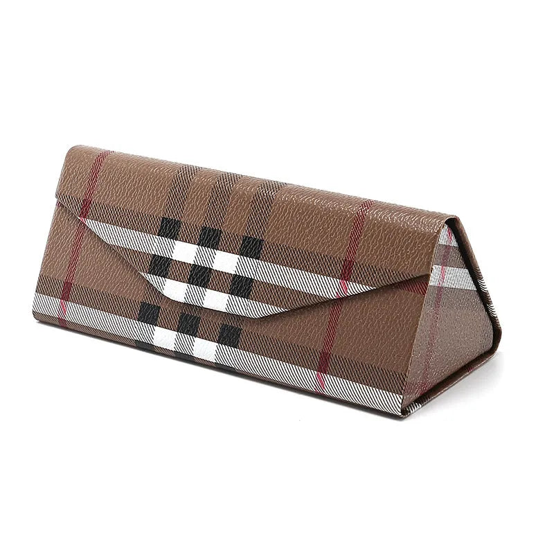 Handmade triangular folding glasses case in PU cowhide, shown open and closed, with colour options displayed.