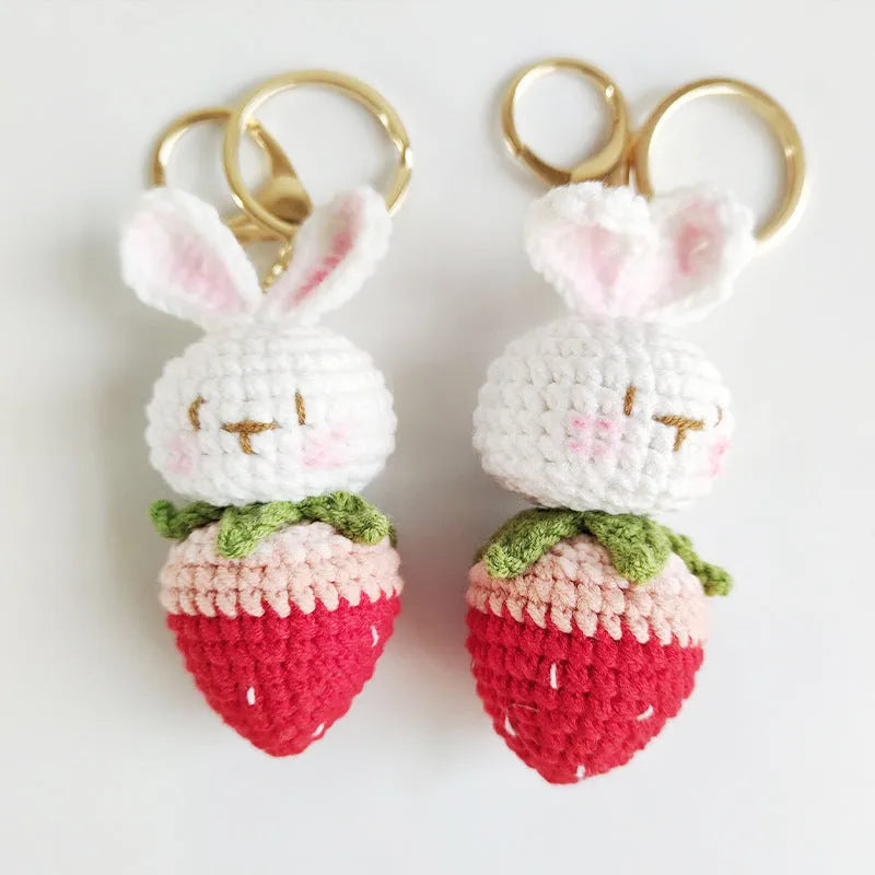 Hand-woven rabbit strawberry pendant made from four-strand doll wire with attached key