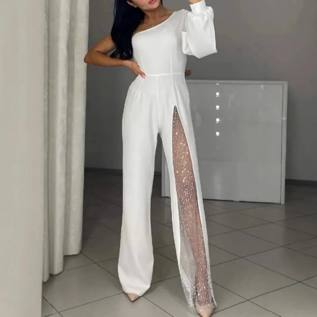 Women's black polyester jumpsuit with oblique shoulder neckline and high slit leg detailing