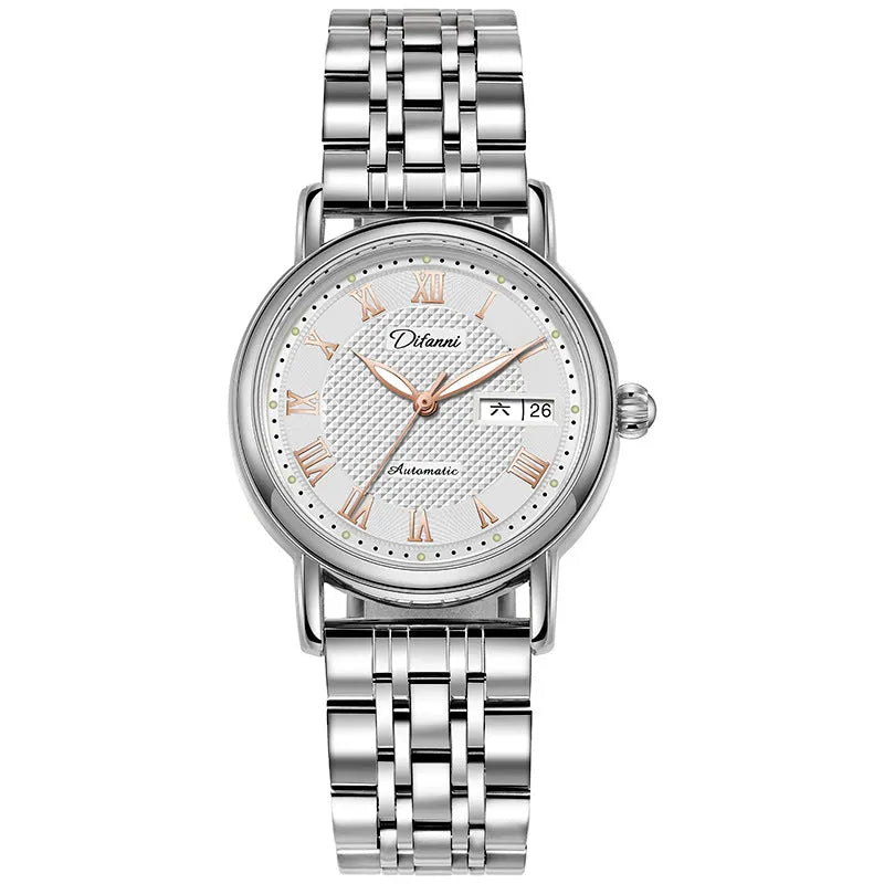 Women's fashion automatic mechanical watch with choice of steel or leather strap.