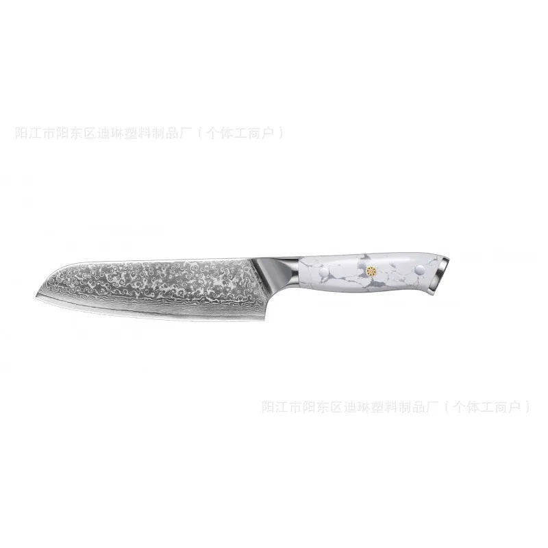 Damascus pattern VG10 steel combined chef knife with 21cm blade on wooden surface