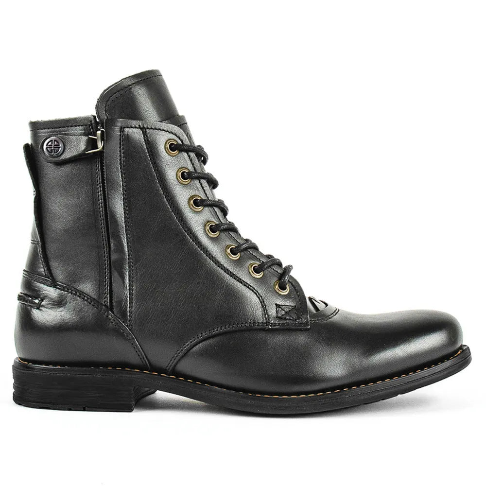 Men's black and brown two-tone leather boots with a side zip and low heel.