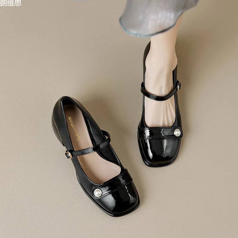 Women's patent leather chunky heel ankle boots with buckle fastening and square toe in three colour options
