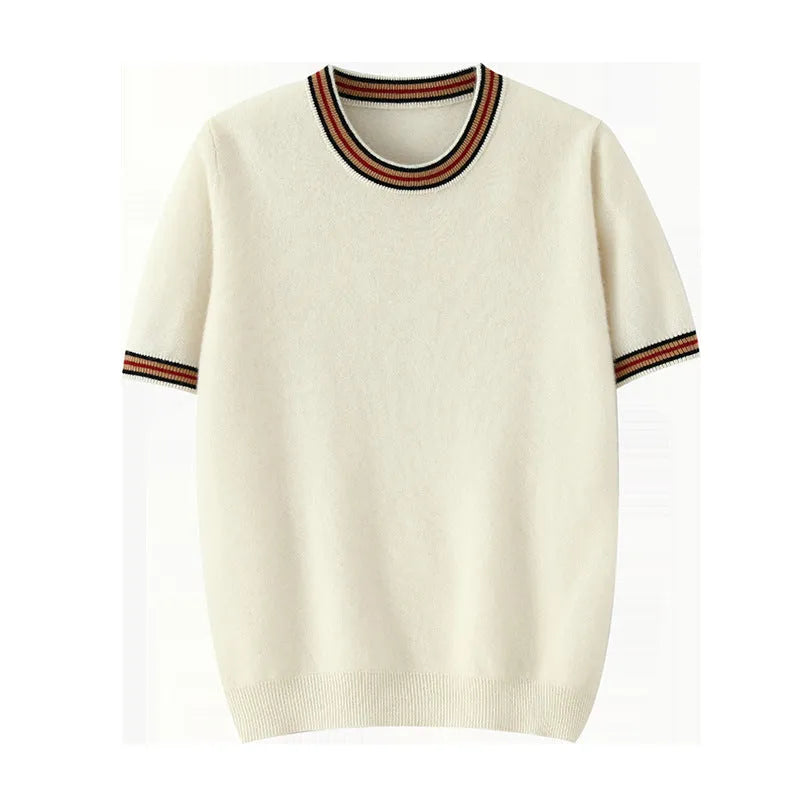 Men's round neck pure wool short sleeve sweater in grey showing regular sleeves and standard wool texture