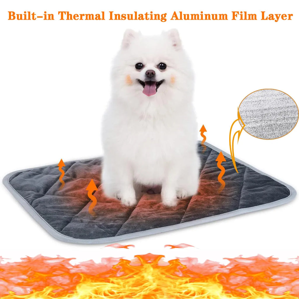 Grey rectangular cloth pet cushion shown in four different sizes on a wooden floor.