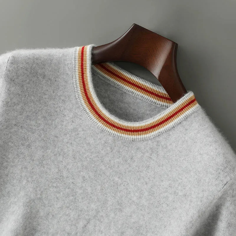 Men's round neck pure wool short sleeve sweater in grey showing regular sleeves and standard wool texture