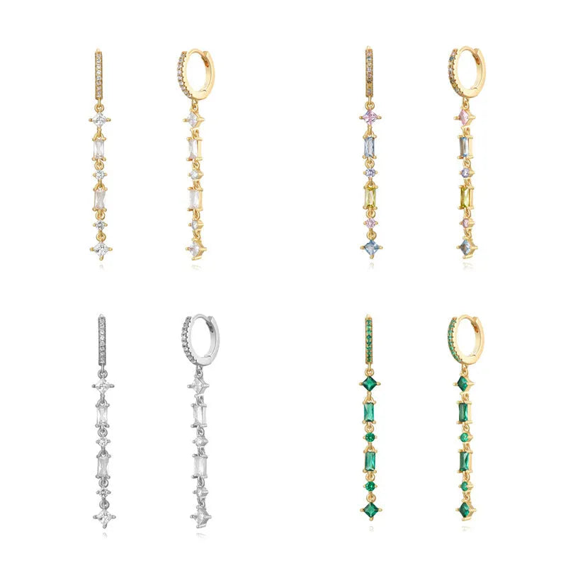 Geometric U-shaped sterling silver alloy ear clips with colourful zircon stones and tassel design