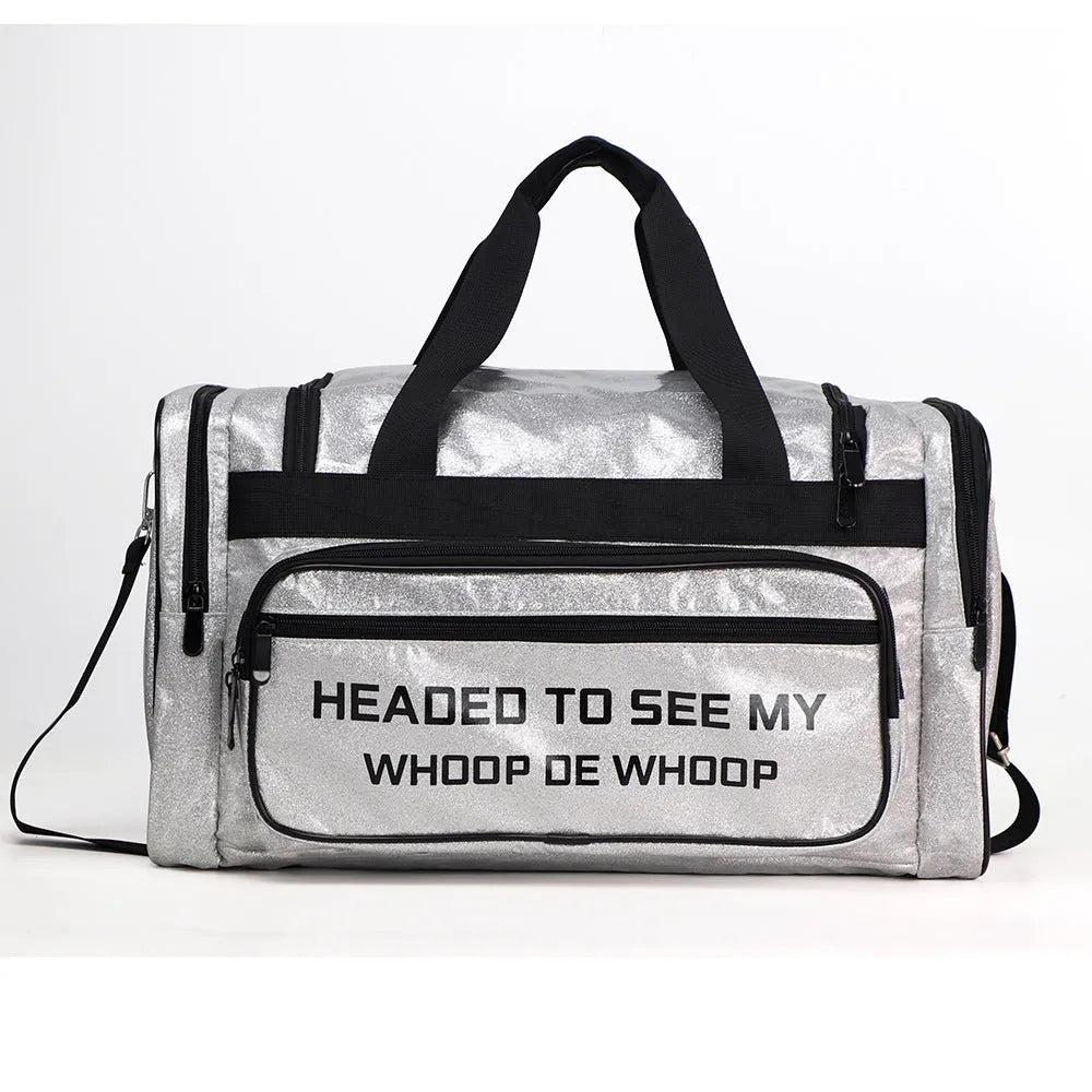 Large silver PU leather sports handbag with letter design for yoga and fitness