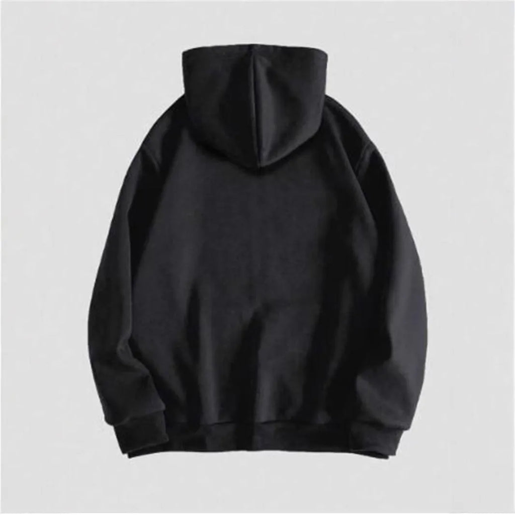 Black men's hooded sweatshirt with a white skull hot stamp print on the chest.