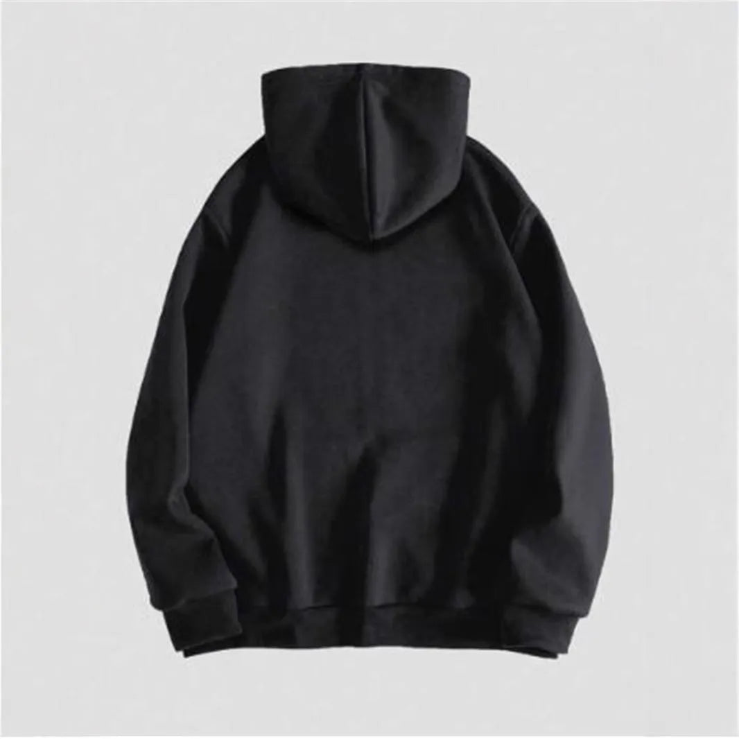 Black men's hooded sweatshirt with a white skull hot stamp print on the chest.
