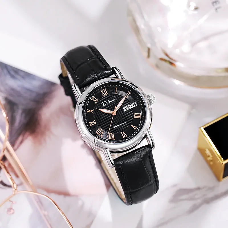 Women's fashion automatic mechanical watch with choice of steel or leather strap.