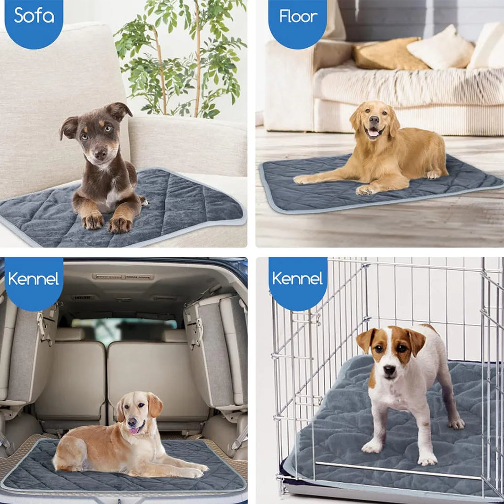 Grey rectangular cloth pet cushion shown in four different sizes on a wooden floor.