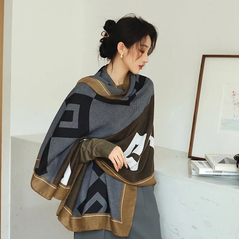 Elegant printed polyester scarf for women, shown in a style option, measuring 90cm by 180cm.