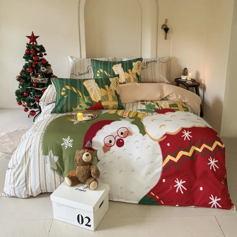 Christmas style four-piece bedding set with Gingerbread Man cartoon print on super soft washed cotton