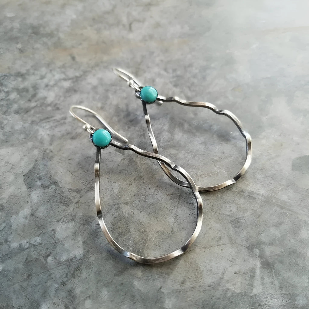 Turquoise circular earrings with antique silver finish in vintage bohemian style