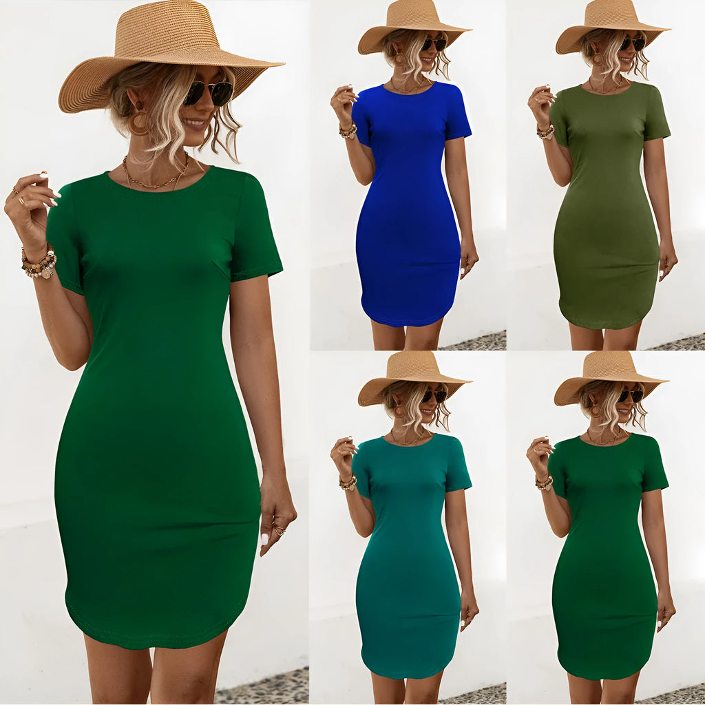 Women's slim fit short sleeve dress with a U-shaped split hem in a solid Army Green colour.
