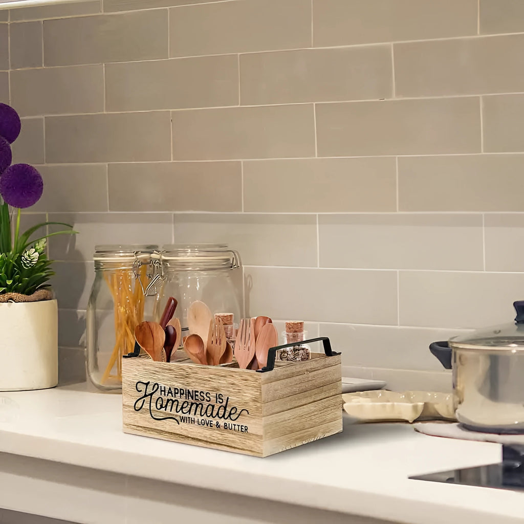 Wooden kitchen storage box with interior grid dividers for tableware organisation