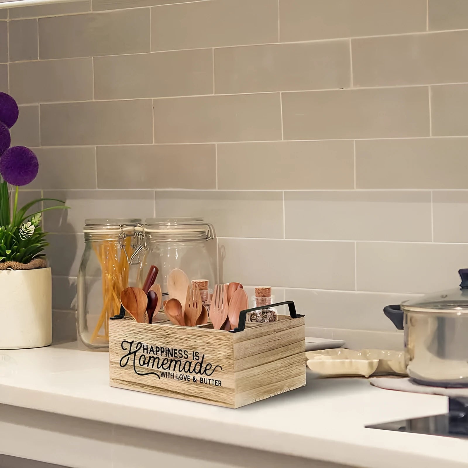 Wooden kitchen storage box with interior grid dividers for tableware organisation