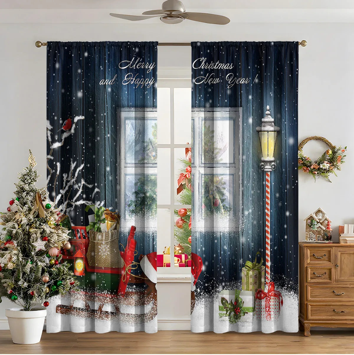 3D digitally printed Christmas curtain panel showing one of fifteen European design options