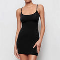 Black skinny sheath dress with sleeveless sling style and short length
