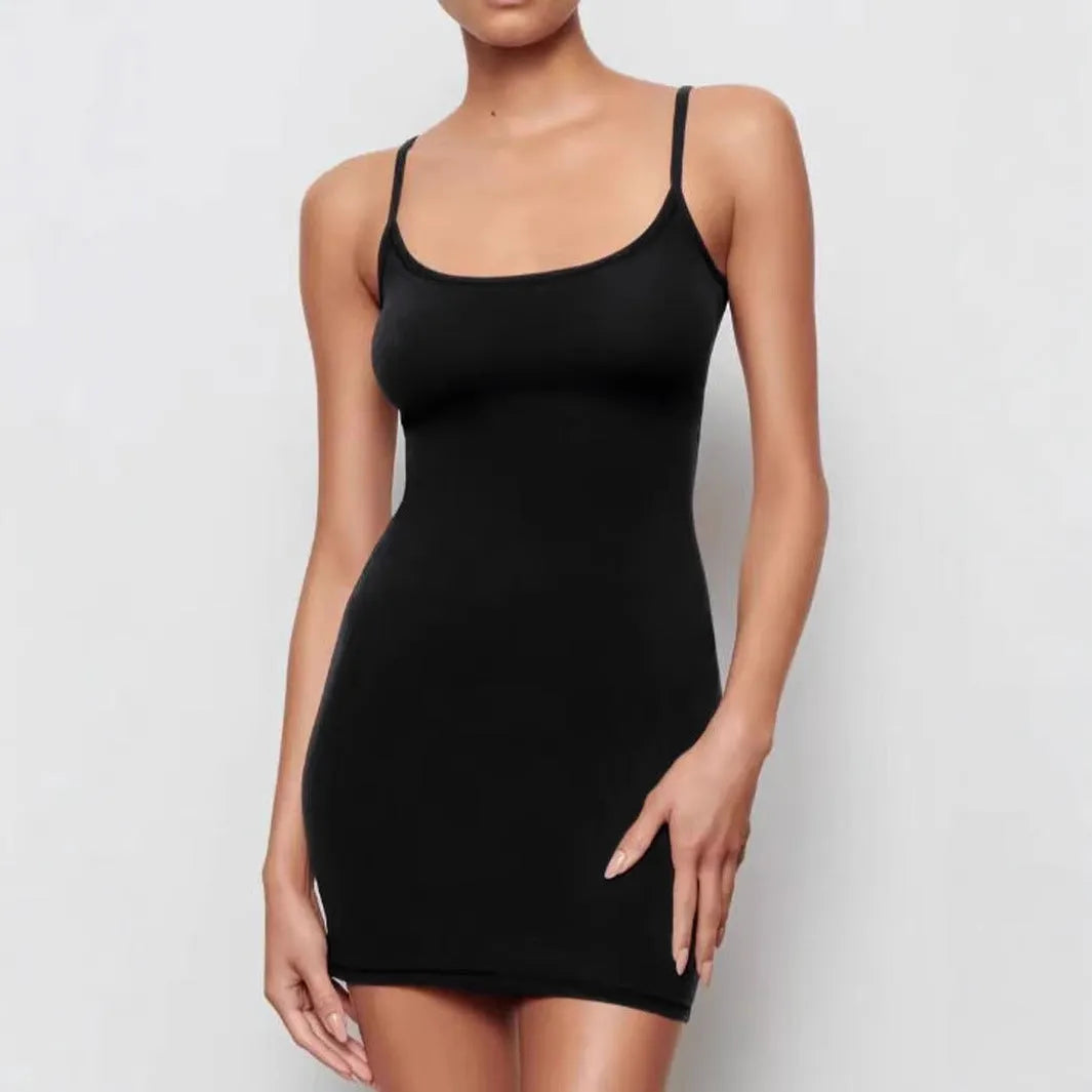Black skinny sheath dress with sleeveless sling style and short length
