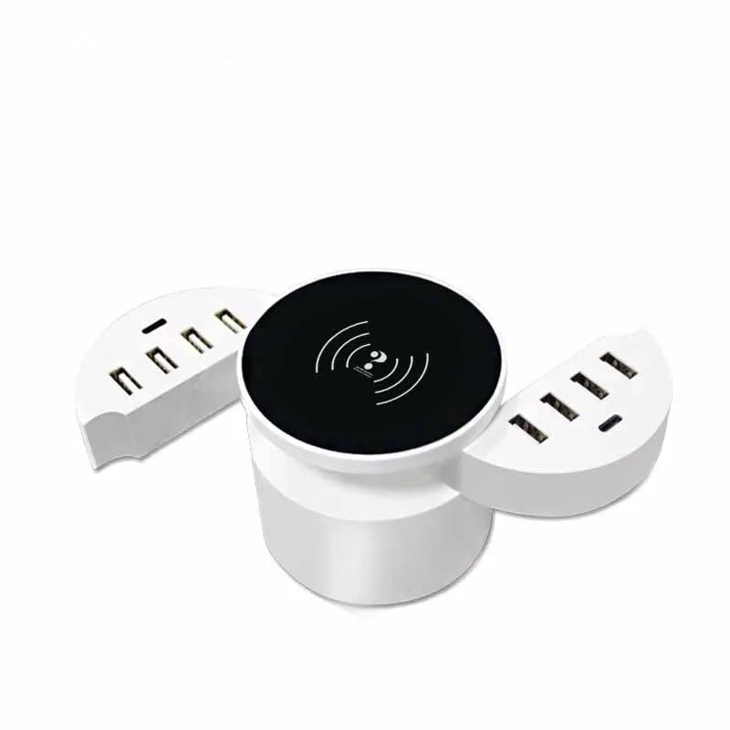 Ceramic white circular wireless charger with multiple ports and international plug adapters