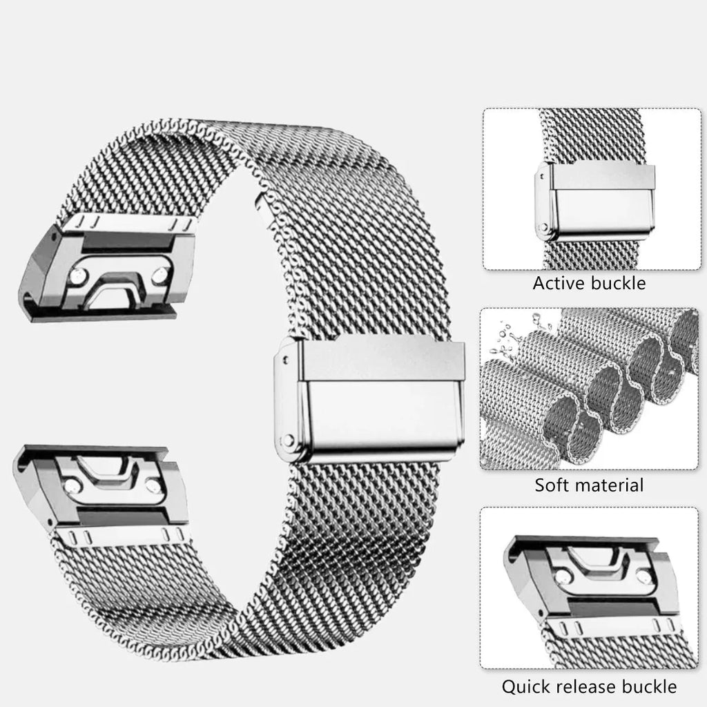 Stainless steel replacement watch strap for Garmin Fenix smartwatch in silver, black, gold, and rose gold colour options.