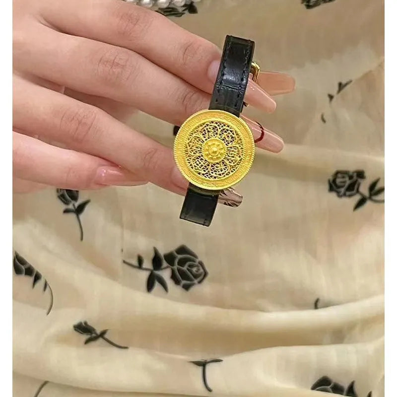 Gold plated eight-treasure compass watch chain with moissanite inlay on a black leather strap