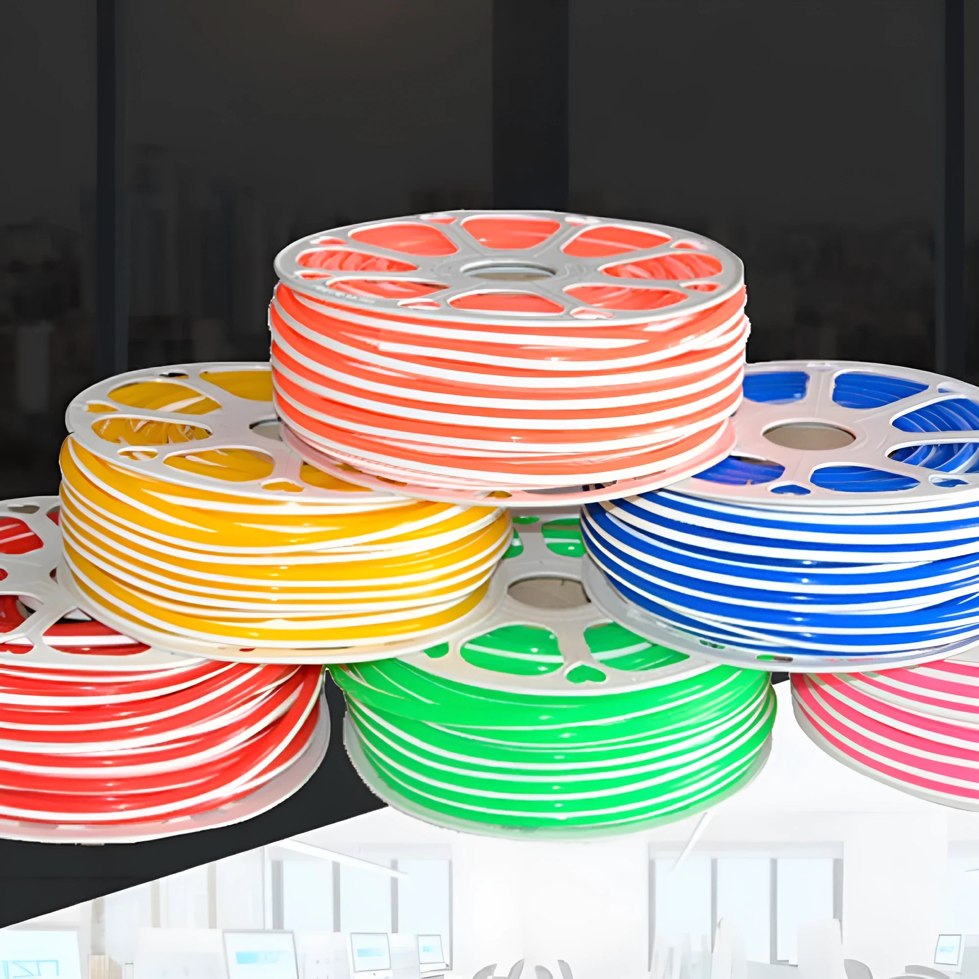 Flexible silicone neon light bar showing 8mm width and nine colour options including blue, green, yellow, orange