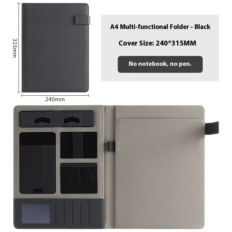 Leather A4 business folder in black, grey, or blue with pen and notepad accessories