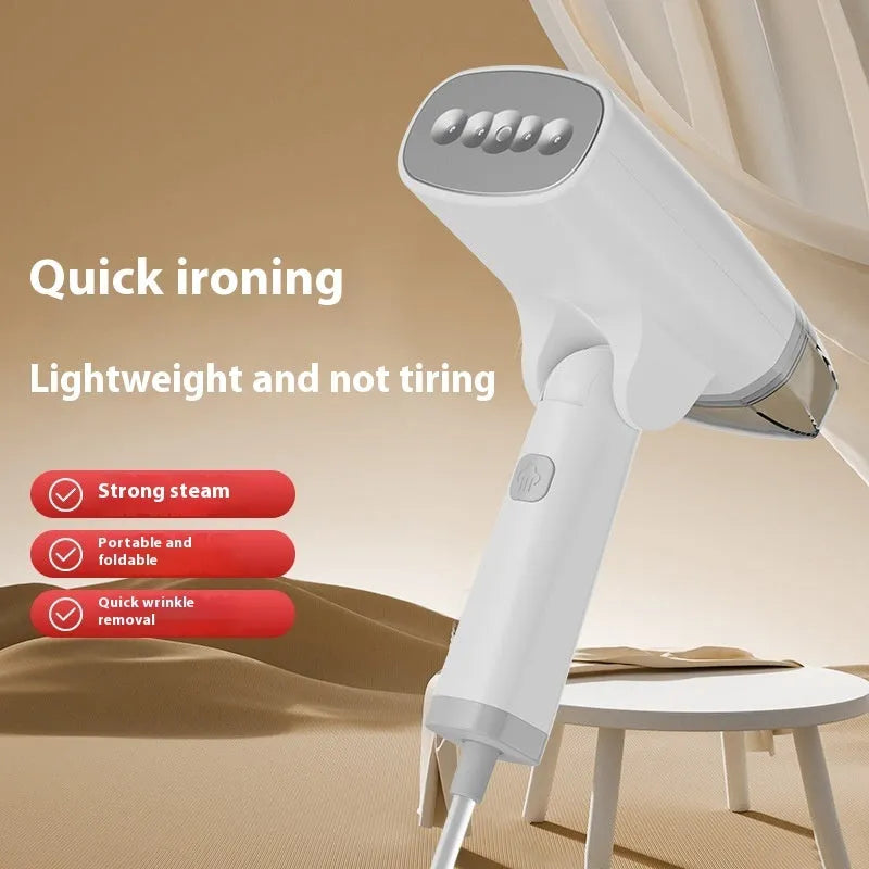 Handheld garment steamer in white or blue with mechanical controls and compact design