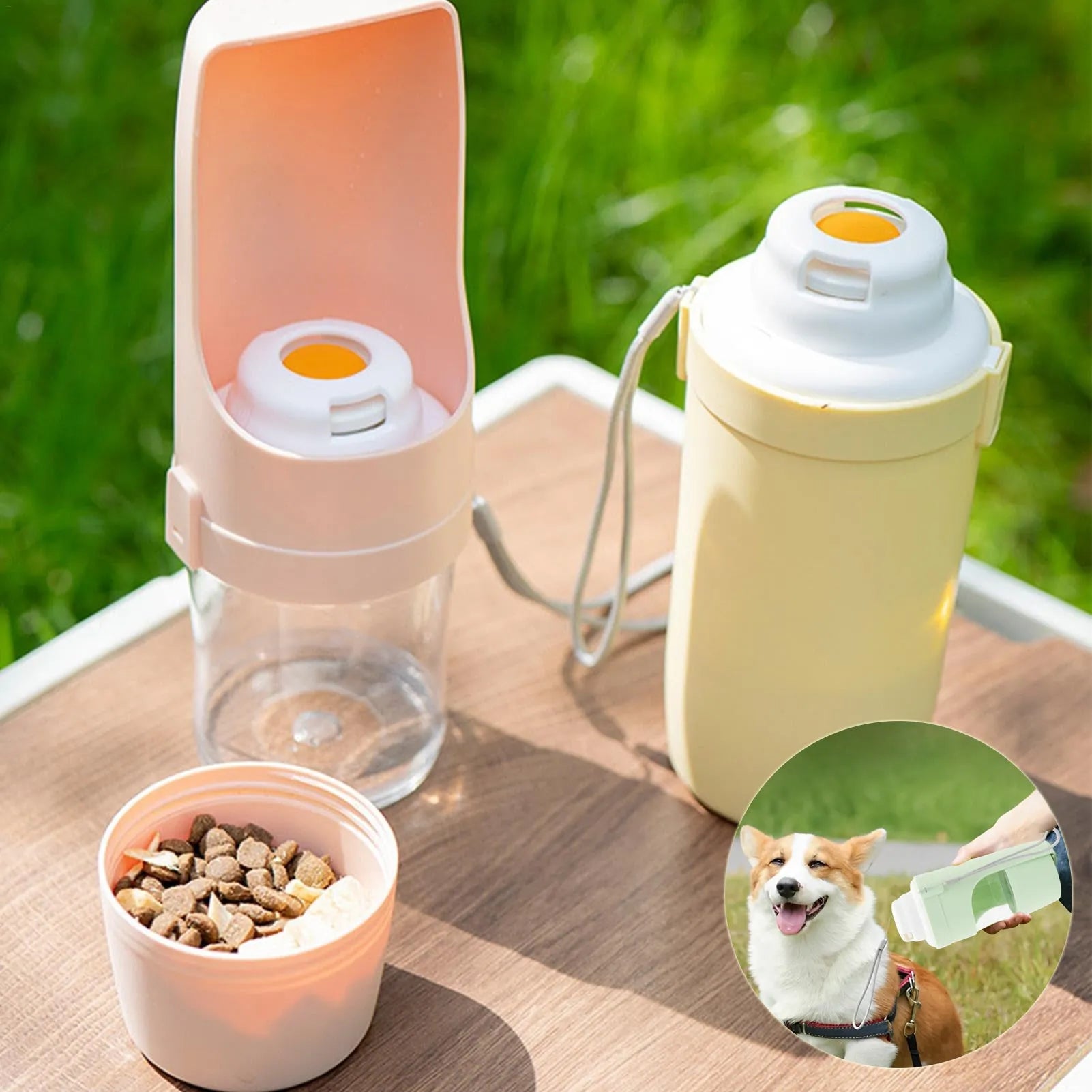 Portable pet water bottle feeder with lanyard showing grey colour option and drinking cup