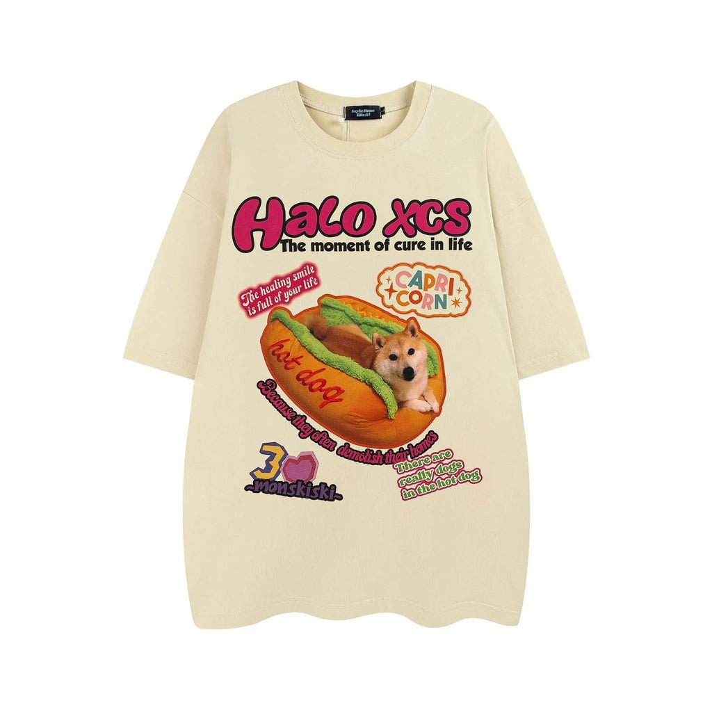 Cartoon hamburger dog printed cotton t-shirt in loose style with short sleeves