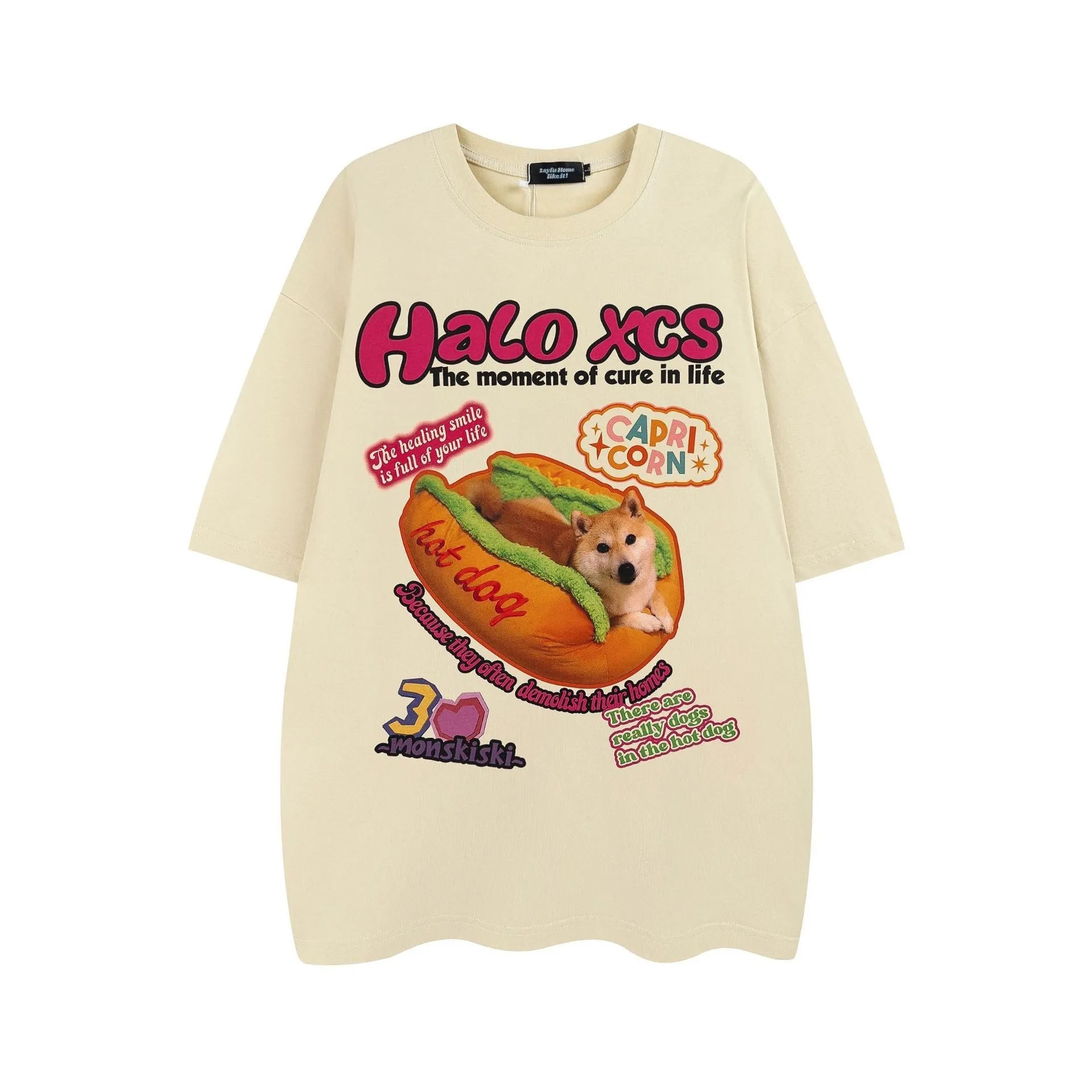 Cartoon hamburger dog printed cotton t-shirt in loose style with short sleeves