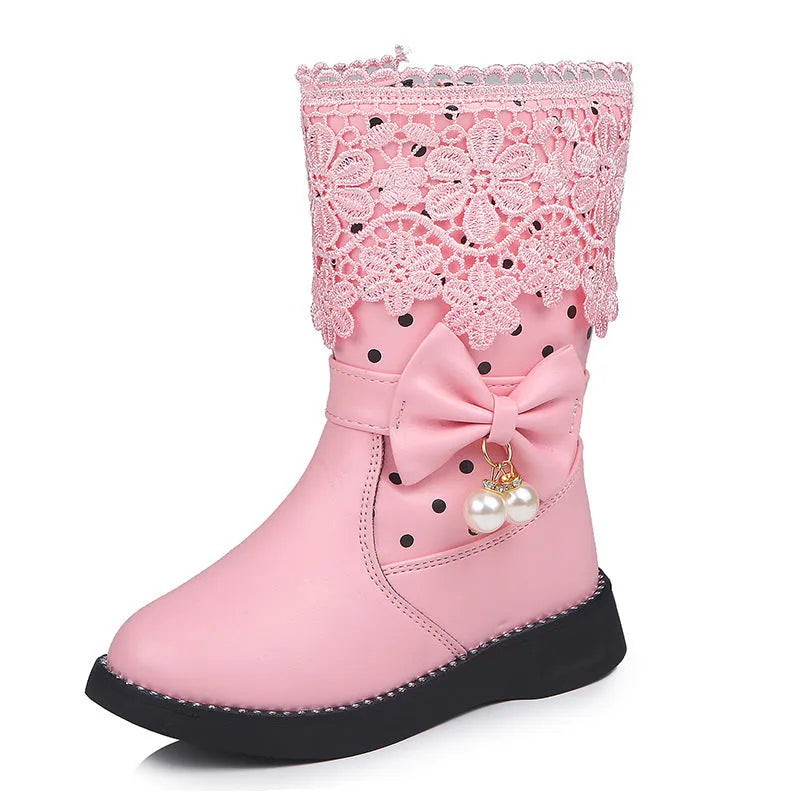 Girls' bowknot pendant lace and velvet artificial leather shoes in black with rubber sole and lace fastening