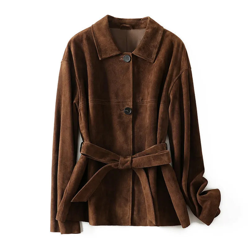 Mid-length retro cashmere coat with Peter Pan collar and genuine leather stitching in Caramel Mocha colour