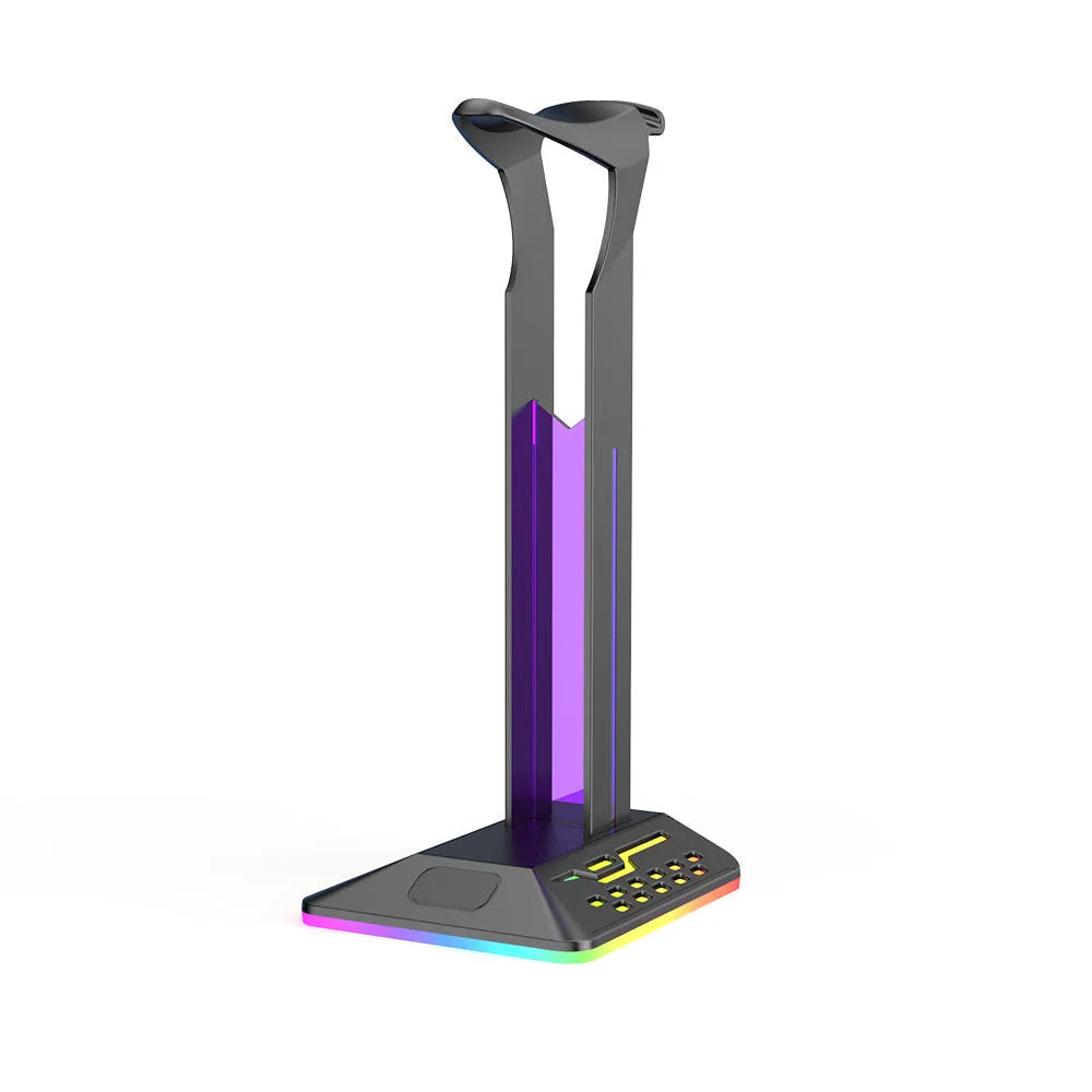 RGB headset display rack with dual USB charging ports and colour-changing acrylic side panels