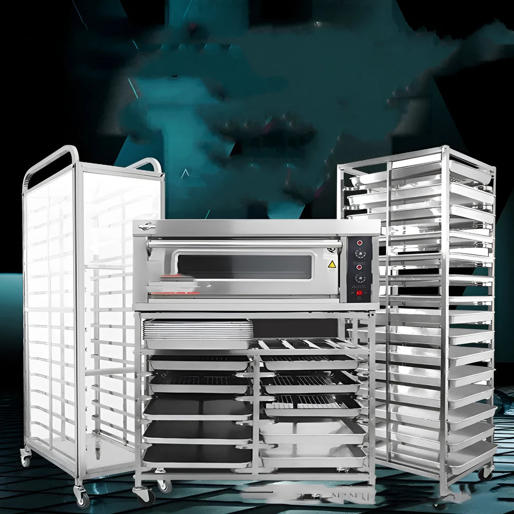Stainless steel six-layer baking tray rack with secure locking mechanism for 40x60cm baking sheets