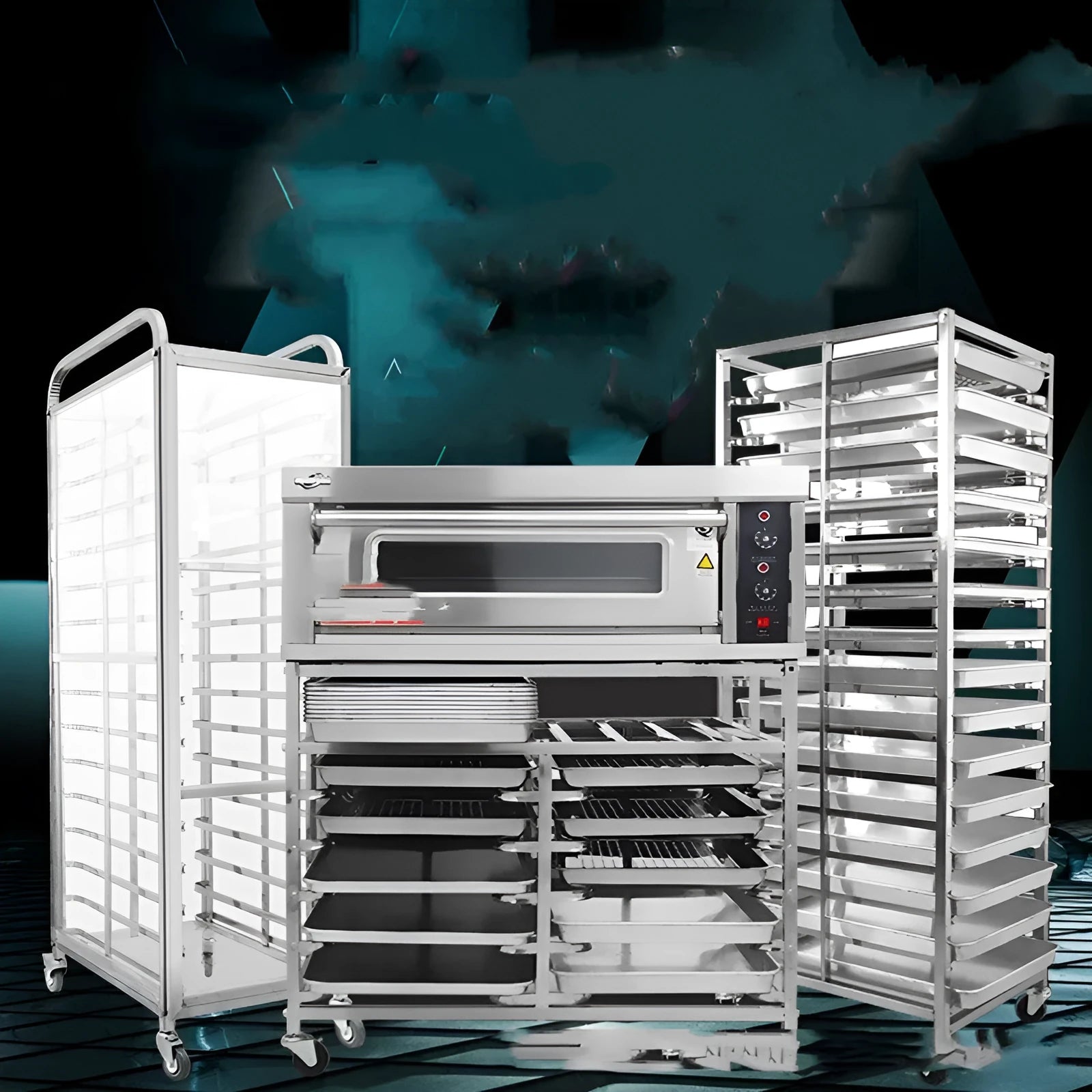 Stainless steel six-layer baking tray rack with secure locking mechanism for 40x60cm baking sheets