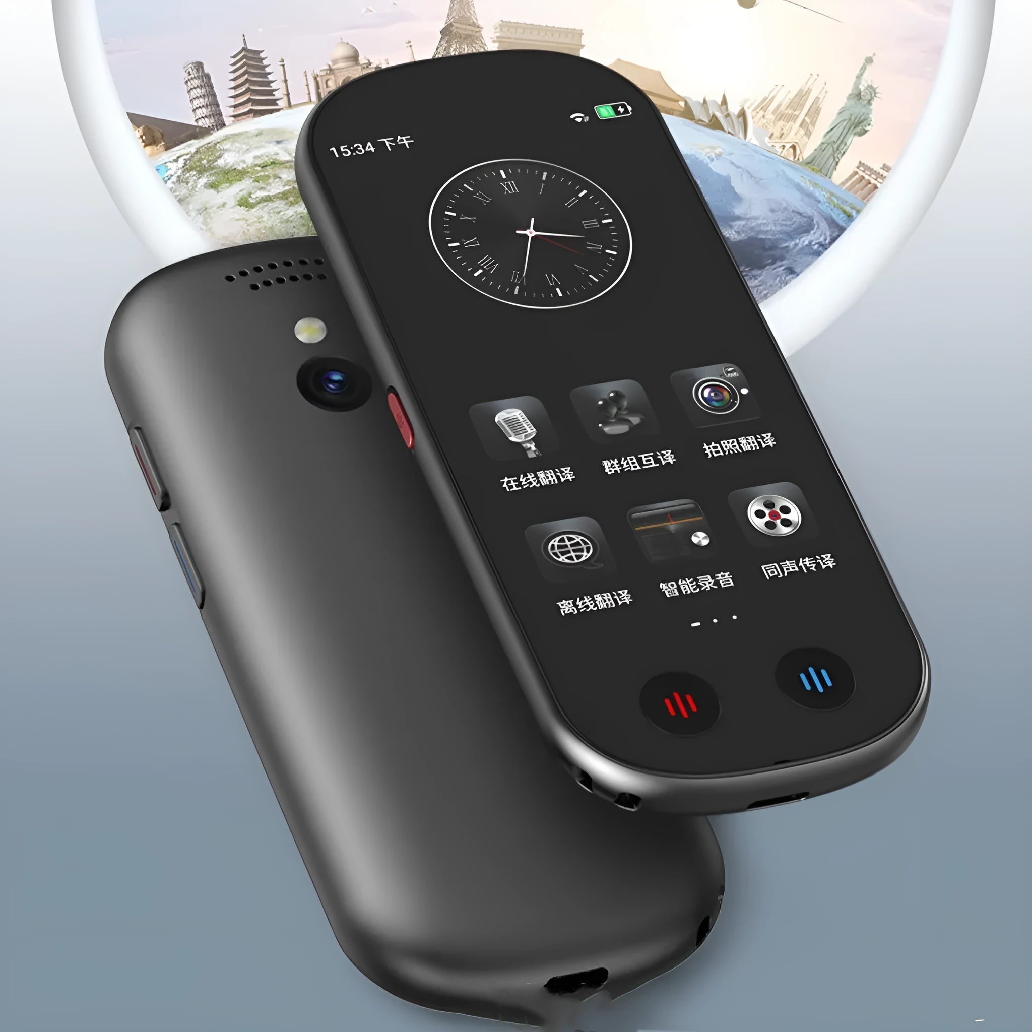 Black simultaneous interpretation translator device with lanyard and charging cable for business use