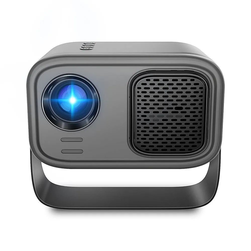 Black HD smart portable projector with remote control on white background