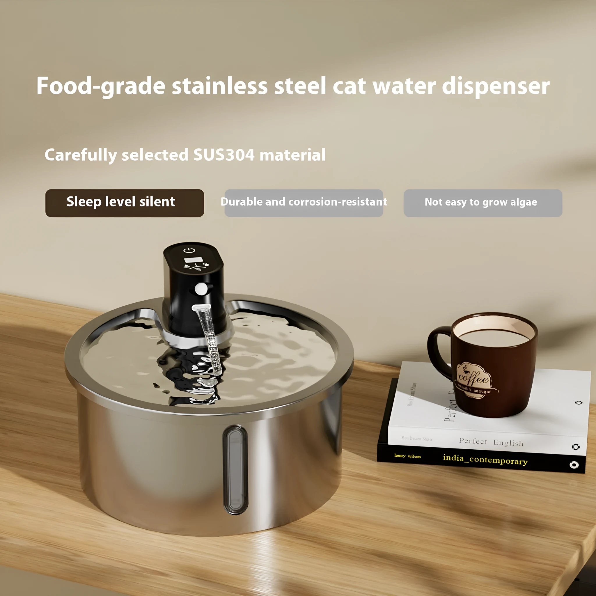 Stainless steel cat water fountain with constant temperature heating base in black and white options