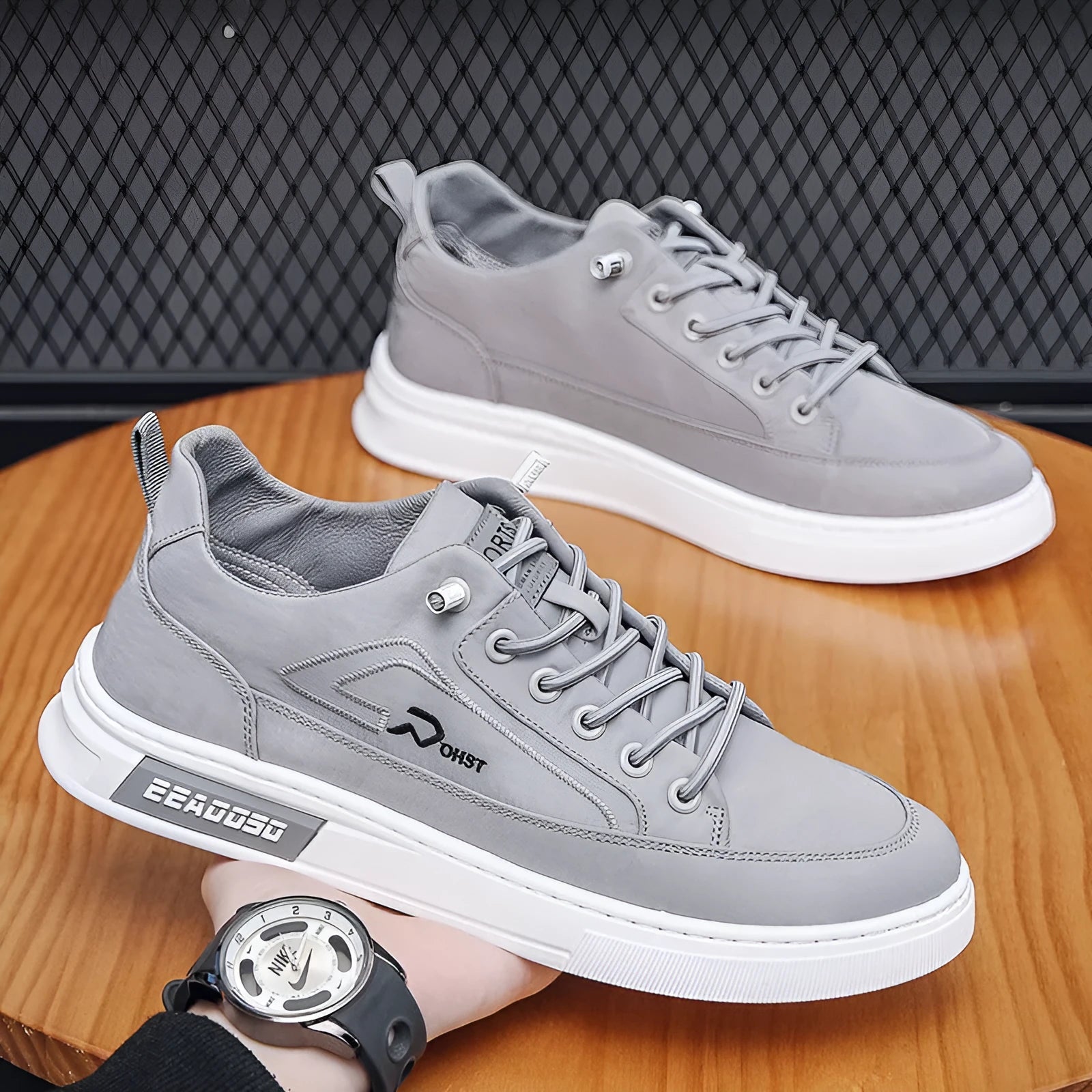 Men's grey canvas casual sneakers with leather lining and round toe design