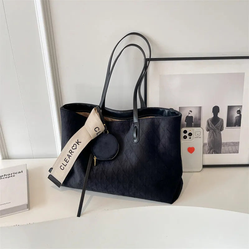 Women's large casual shoulder tote bag in horizontal square design with soft polyester construction